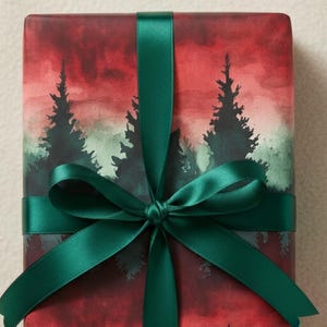 Forest Watercolor Gift Wrap: Red & Green Rustic Christmas Wrapping Paper Roll image 1
