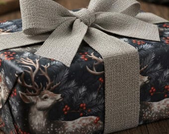 Dark Winter Deer Wrapping Paper: Evergreen Berry Gift Wrap, Reindeer Paper