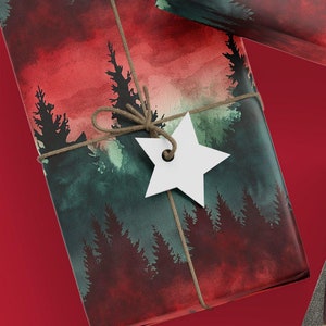 Forest Watercolor Gift Wrap: Red & Green Rustic Christmas Wrapping Paper Roll image 2