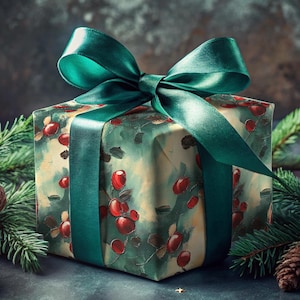 Carta da regalo natalizia Carta da regalo con ciliegie Carta da regalo con bacche di fiori rossi Elegante rotolo di carta da regalo con bacche floreali Carta da regalo di Natale verde acqua e rossa di qualità