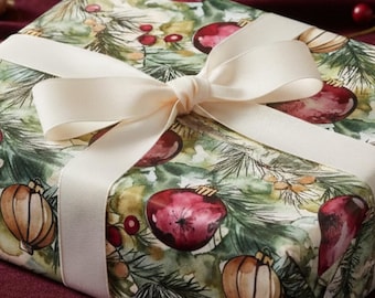 Watercolor Christmas Ornament Gift Wrap: Pine & Burgundy Holiday Paper