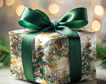 May include: A green and white gift box with a green ribbon and bow. The box is decorated with a Christmas tree design.