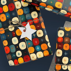 Retro inpakpapier met sterrenhemel Kleurrijk cadeaupapier Vintage design cadeaupapier halverwege de eeuw modern papier Starburst vakantiecadeaupapier vintage blokken