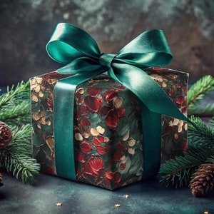 Carta da regalo di Natale di lusso, carta da regalo bordeaux, motivo a macchie di pittura a olio, rotoli di carta da regalo artistica, marrone, verde acqua, toni gioiello