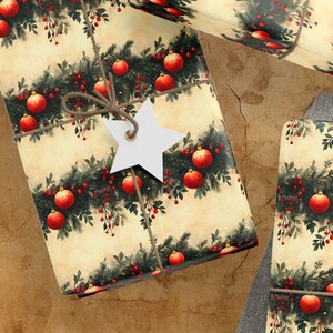 Holiday Wrapping Paper Festive Gift Wrap Christmas Paper Retro Ornaments Red Berries Pine Greenery Gift Wrap Merry Christmas Paper Tan Roll
