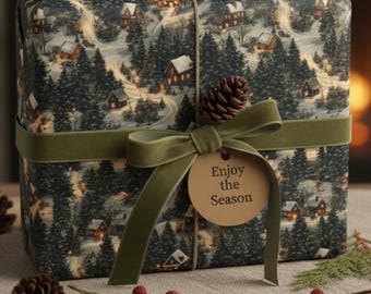 Winter Cabin Christmas Wrapping Paper: Snowy Forest Village Gift Wrap