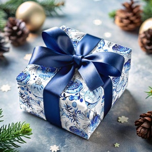 Blue Ornament Wrapping Paper Christmas Gift Wrap Holiday Paper White and Blue Winter Gift Wrap Christmas Paper Seasonal Wrapping Paper Rolls