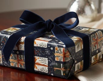 Botanical Christmas Wrapping Paper: Navy, Gold, Holiday Gift Wrap