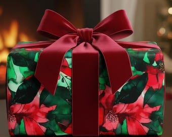 Papel de embrulho de Natal com poinsétia: design floral em aquarela vermelho e verde