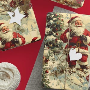 May include: Two rectangular gifts wrapped in vintage-style paper featuring Santa Claus, a snowy forest, and Christmas trees. Each package is tied with brown twine and adorned with a white paper gift tag in star or heart shapes.