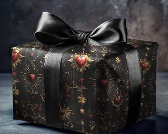 Sierlijk hart inpakpapier Vintage cadeaupapier Decoratief bloemen Cadeaupapier Religieus liefdespapier Goudkleurig hartpatroon inpakpapier Donker kerstpapier