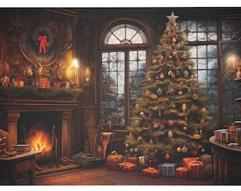 Könnte beinhalten: Ein geschmückter Weihnachtsbaum mit Ornamenten und Lichtern steht in einem Raum mit einem Kamin und einem großen Fenster. Der Raum ist mit einem Kranz und anderen Weihnachtsdekorationen geschmückt.