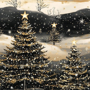 Snowy Christmas Night Wrapping Paper Elegant Gift Wrap Black Gold Winter Wonderland Holiday Paper Festive Trees Starry Design Premium Paper