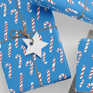 Candy Cane Holiday Wrapping Paper Blue Festive Gift Wrap Christmas Cheer Striped Paper Winter Celebration Present Wrap Red White Pattern Joy