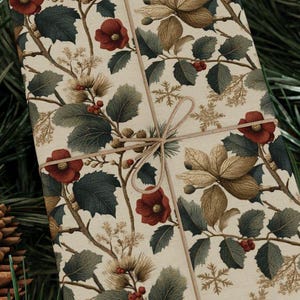 Vintage Botanical Wrapping Paper Christmas Gift Wrap Elegant Floral Leaves Paper Holiday Art Print Festive Seasonal Nature Inspired Design