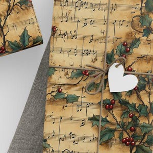 Vintage Sheet Music Wrapping Paper Christmas Gift Wrap with Holly and Berries on Antique Style Paper for Holiday Presents Elegant Nostalgic