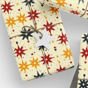 Retro Starburst Wrapping Paper Mid Century Modern Gift Wrap Vintage Style Paper Red Gold Black Stars Christmas Holiday Birthday Party Roll
