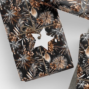Elegant Botanical Wrapping Paper Organic Gift Wrap Black and Gold Floral Luxury Paper Stylish Camo Design Wedding Birthday Holiday Present