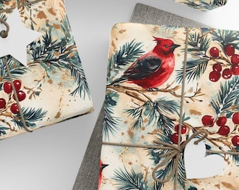 May include: Wrapped gifts with a festive bird and berry pattern. The gifts are tied with twine and adorned with white star and heart-shaped tags. A ball of twine, scissors, and additional tags are also visible, suggesting a holiday theme.