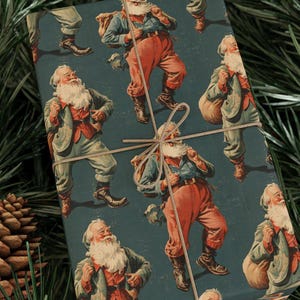 Vintage Santa Wrapping Paper Christmas Gift Wrap Festive Holiday Joy Old Fashioned Cheerful Retro Santa Claus Style Kraft Paper Xmas Decor