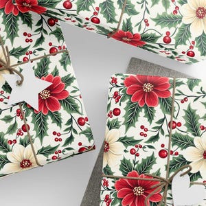 Christmas Floral Wrapping Paper Elegant Gift Wrap Festive Red and Green Holly Berry Design Premium Holiday Paper Luxurious Vintage Style
