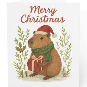 Set di biglietti di auguri natalizi Capibara, biglietto di auguri di Buon Natale, biglietto di auguri per le vacanze, simpatico animale con regalo e cappello da Babbo Natale, confezione da 10, 30, 50 animali del bosco