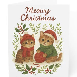 Meowy Christmas Cats Holiday Card Set Cute Kittens in Santa Hats Watercolor Style 10 30 50 Card Packs with Envelopes Festive Greeting Cards