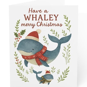 Whale Christmas Card Set Whaley Merry Christmas Greeting Card Holiday Card Set with Cute Whale Wearing Santa Hat and Scarf 10 30 50 Packs