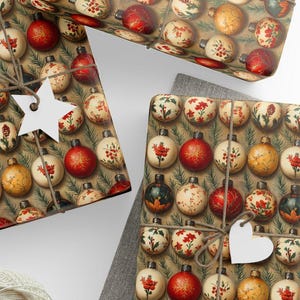 Vintage Holiday Ornament Wrapping Paper Christmas Gift Wrap Traditional Red Green Festive Style Elegant Retro Paper for Seasonal Gifts