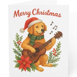 Golden Retriever Christmas Holiday Cards Dog Guitar Santa Hat 10 30 50 Card Pack White Envelope Holiday Card Set Christmas Dog Lover Music