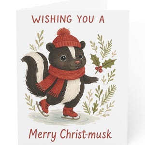 Skating Skunk Christmas Card Unique Christmas Greeting Card Festive Holiday Card Set Winter Forest Theme Merry Christ musk Funny Animal Card
