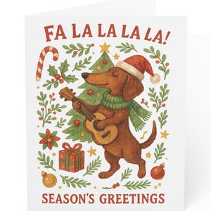 Juego de tarjetas navideñas con perro salchicha tocando el ukelele. Tarjetas de felicitación navideñas con diseño festivo invernal, en rojo y verde. Paquete de 10, 30 y 50 unidades con sobres.