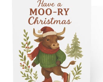 Juego de tarjetas navideñas con diseño de vaca festiva, felicitación navideña