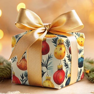 Vintage Christmas Wrapping Paper Holiday Gift Wrap Ornament Retro Beige Colorful Bauble Festive Gift Wrap Christmas Cream Classy Party Paper