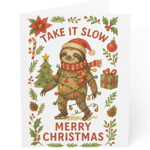 Take It Slow Sloth Christmas Card Pack Watercolor Design Christmas Greeting Card Set Funny Holiday Cards 10 30 50 Count Sets Spirit Animal