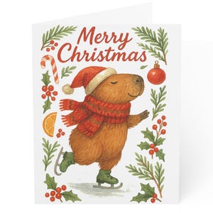 Biglietto di auguri natalizio con capibara che pattina, auguri di buon Natale, set di biglietti di auguri con animali del bosco, scena invernale vivace, confezione da 10, 30, 50 pezzi, busta bianca