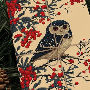 Carta da regalo natalizia gufo Carta da regalo per le feste Beige Uccelli invernali Carta da regalo festiva Carta da regalo con decorazioni a gufo Carta da regalo naturale Carta da regalo crema