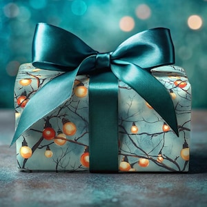 Carta da regalo color verde acqua calda, carta da regalo natalizia, luci natalizie, luci di carta rustiche arancioni, rami di alberi vintage, rotoli di carta festiva