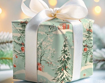 Vintage kerstcadeaupapier Mint Feestdagen Cadeaupapier Decoratief papier Feestelijk cadeaupapier Idee Retro kerstpapier Groen sneeuw Antiek