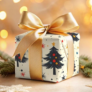Christmas Tree Wrapping Paper Vintage Gift Wrap Retro Holiday Festive Paper Christmas Gift Wrap Colorful Trees Stars Fun Winter Paper Rolls