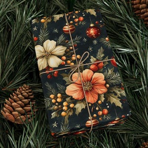 Vintage Christmas Floral Wrapping Paper Holiday Gift Wrap Festive Paper Roll Elegant Poinsettia Red Green Seasonal Flower Winter Forest