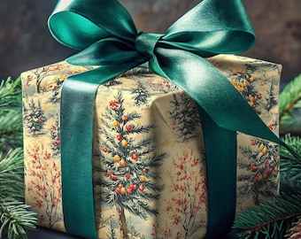 May include: A wrapped gift box with a green ribbon and a vintage Christmas tree design. The box is sitting on a dark green surface with pine branches.