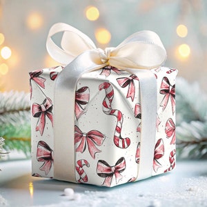 Candy Cane Wrapping Paper Christmas Gift Wrap Holiday Red Bow Paper Peppermint Stripe Seasonal Gift Wrap Cute Candy Stripe Christmas Paper