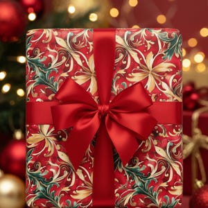 Red Gold Floral Christmas Wrapping Paper: Satin or Matte Finish image 3