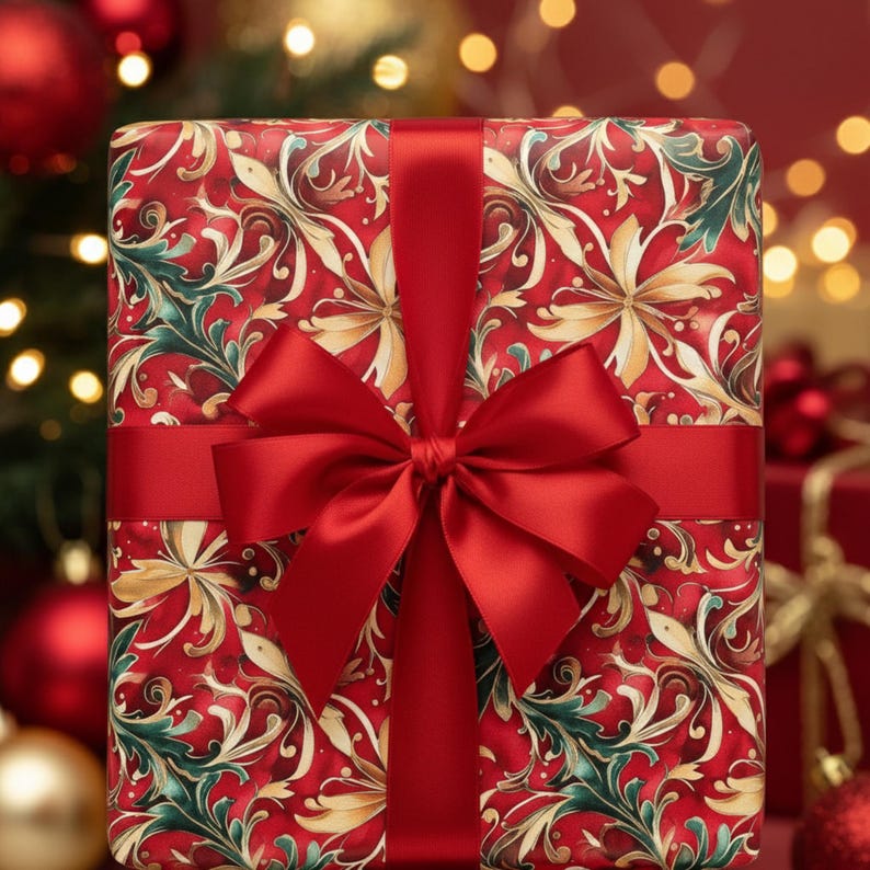 Red Gold Floral Christmas Wrapping Paper: Satin or Matte Finish image 3