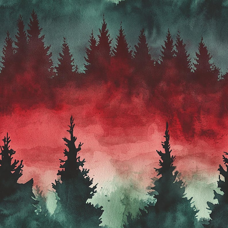 Forest Watercolor Gift Wrap: Red & Green Rustic Christmas Wrapping Paper Roll image 6