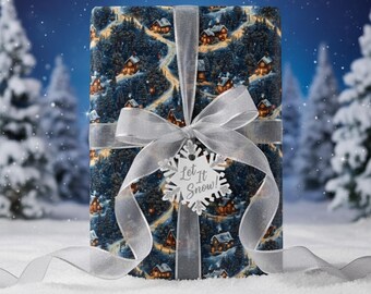 Winter Village Christmas Wrapping Paper: Snowy Cabin Forest Gift Wrap