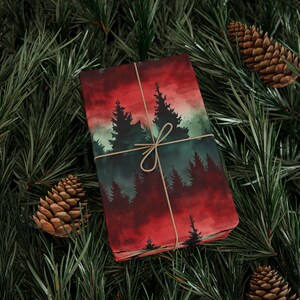 Forest Watercolor Gift Wrap: Red & Green Rustic Christmas Wrapping Paper Roll image 7