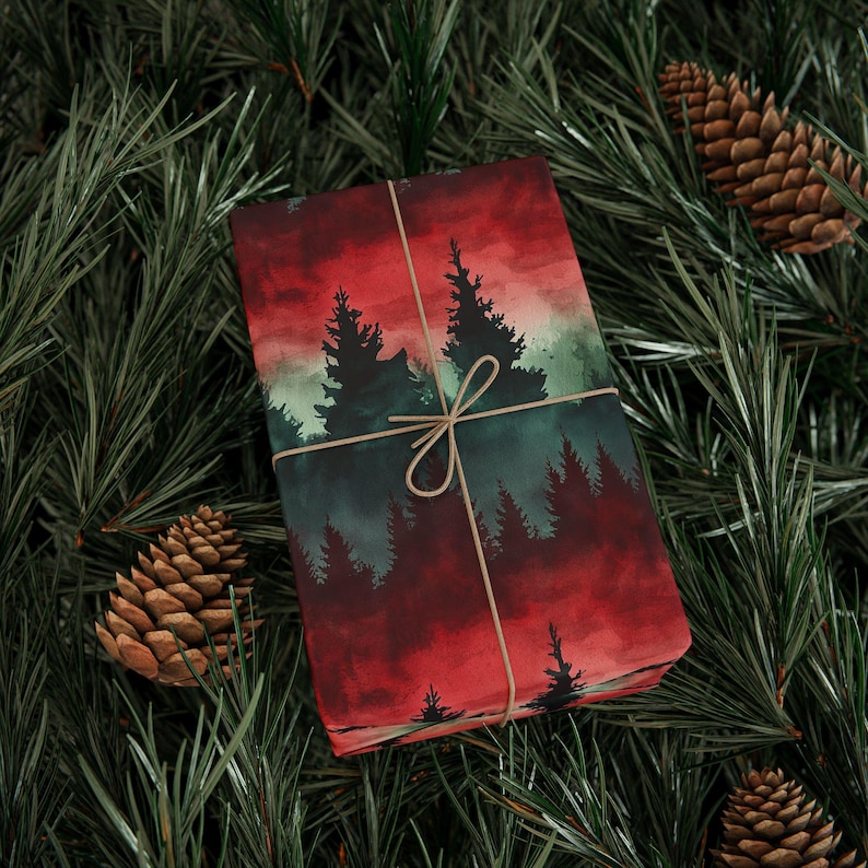 Forest Watercolor Gift Wrap: Red & Green Rustic Christmas Wrapping Paper Roll image 7