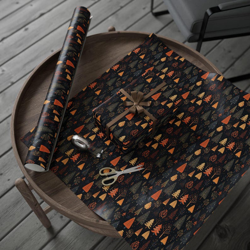 Papel de regalo de bosque otoñal, papel de regalo negro de otoño, papel con estampado de árboles, papel de regalo de temporada, hojas de otoño, árbol de Navidad, rollo de papel decorativo otoñal imagen 6